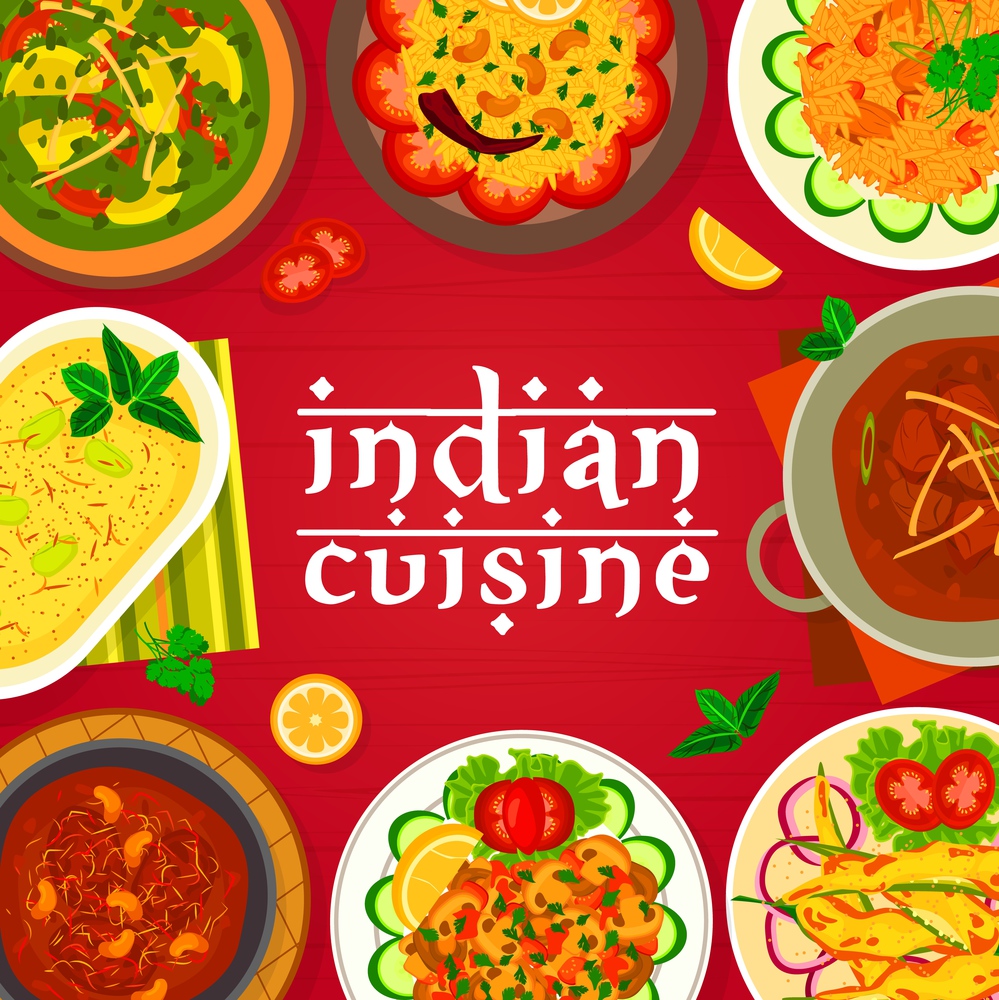 Indian cuisine menu cover vector template. Deep fried peppers Chilli Bajji, lamb curry and meatballs Gushtaba, yogurt dessert Shrikhand, mushroom bhuna and lemon rice, chicken with spinach Palak Murgh. Indian cuisine meals menu cover template