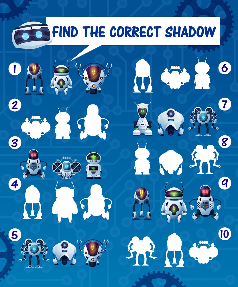 Kids game find the robot shadows, vector riddle match correct cyborg silhouettes. Children logic test with cartoon androids and artificial intelligence bots characters. Education mind development task. Kids game find the robot shadows, vector riddle