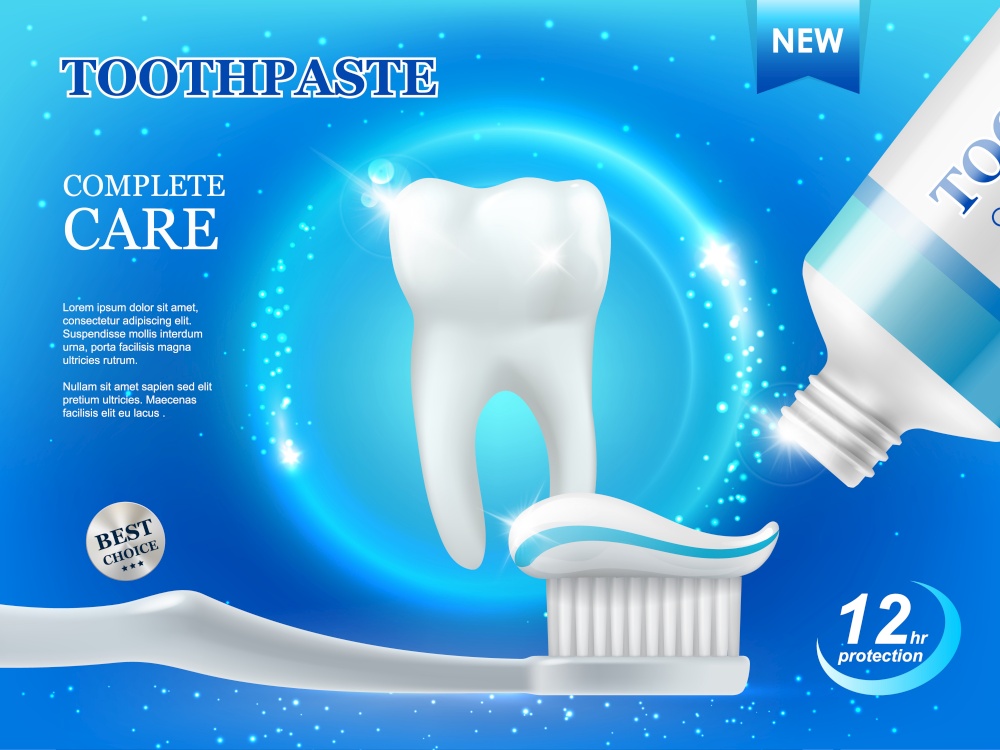 Whitening toothpaste and brush, dental care, teeth cleaning vector ad poster with white healthy tooth and tube with paste on blue background with glow sparkles. Plaque protection and repair product. Whitening toothpaste and brush, dental care poster