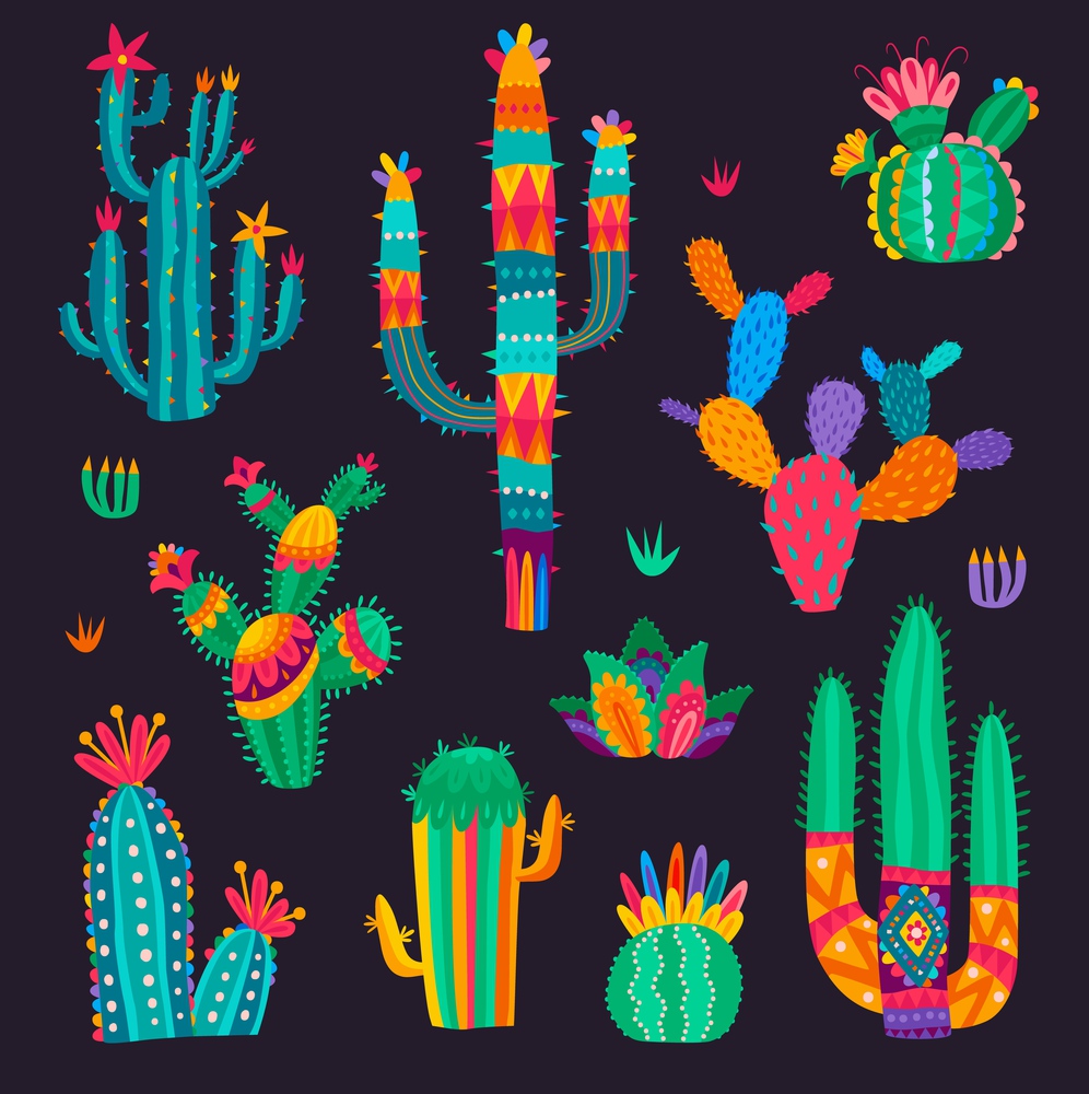 Cartoon mexican cactus flowers, desert succulent set. Vector cacti in colorful psychedelic style. Desert plants with spikes or blossoms, tropical flora design elements for cinco de mayo greeting cards. Cartoon mexican cactus flowers, desert succulents