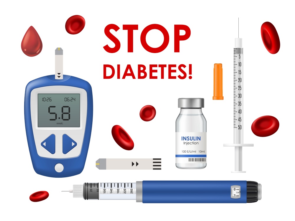 Diabetes disease, glucometer, insulin and syringe with test strip, blood hemoglobin cells or drop. Stop diabetes medicine equipment for measurement glucose in blood and sickness treatment isolated set. Diabetes disease, glucometer, insulin and syringe