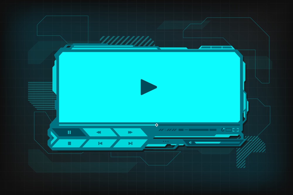 HUD video player futuristic interface. Vector digital ski-fi template with play button, menu bar and slider on neon glowing screen. Ui, ux hi-tech skin web design for online movie multimedia content. HUD video player futuristic interface, web design