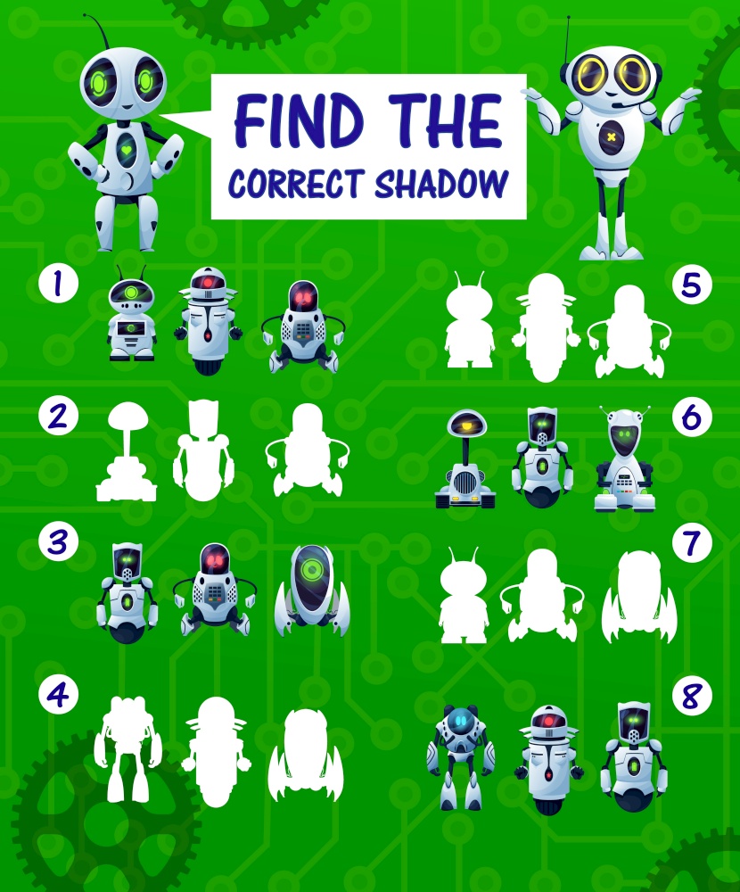 Find the correct robot shadow kids riddle, vector match game with cartoon cyborg silhouettes. Children logic test with androids and artificial intelligence bots. Education task for mind development. Find the correct robot shadow kids vector riddle