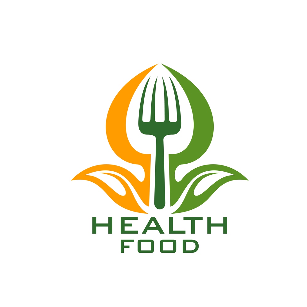 Healthy food vector icon with leaf vegetable and fork. Fresh green and orange plant of organic farm with fork isolated emblem of health diet food, natural ingredient, eco and bio product design. Healthy food icon with leaf vegetable and fork