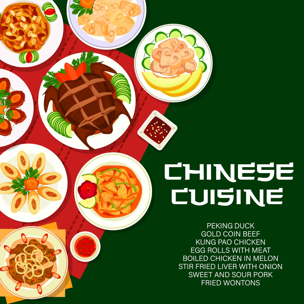 Chinese food menu cover, China Asian cuisine restaurant vector poster with dishes and meal plates. Chinese cuisine traditional Peking duck and wonton dumplings, sweet and sour pork meat with egg rolls. Chinese cuisine food dishes, restaurant menu cover