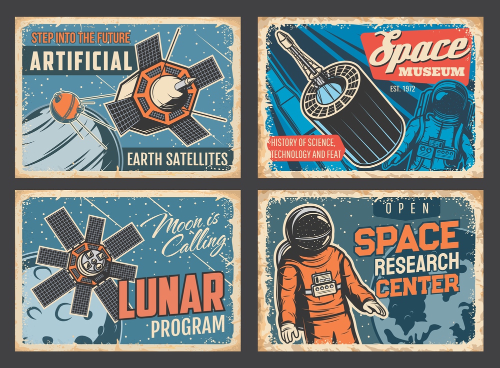 Space research center and museum, artificial satellites tin signs, lunar program vintage vector plates. Astronaut in spacesuit flying in outer space, satellites on Moon and Earth orbit, rocket. Space exploration program and museum metal plates