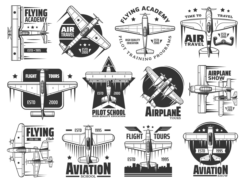 Flying academy or pilot school icons set. Air travel, airplane show and aviation courses training program emblem or badge. Historical biplane and monoplane, retro propeller airplanes vector. Flying academy, pilot school and air tour icon set