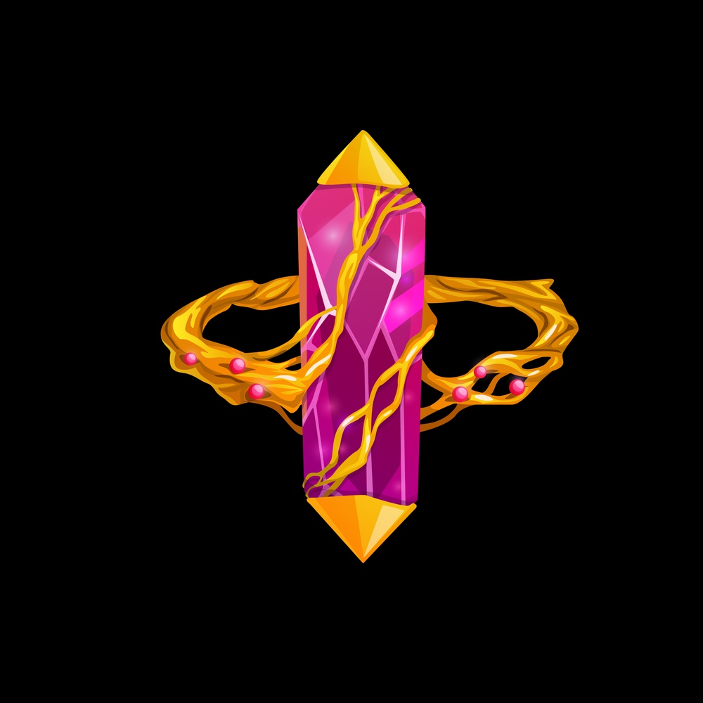 Magic ring with pink gemstone, vector fantasy jewelry. Wizard or witch gold jewel with precious gem and golden roots twine diamond, ruby or crystal. Isolated cartoon design element for computer game. Magic ring with pink gemstone, fantasy jewelry