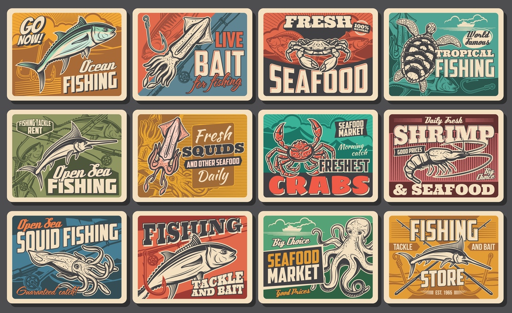 Seafood vector retro posters, fishing catch, fish gourmet restaurant, ocean and sea fishery industry. Chef delicatessen food, underwater animals squid, octopus and crab, tackle rent vintage cards. Seafood vector retro posters, fishing catch, bait