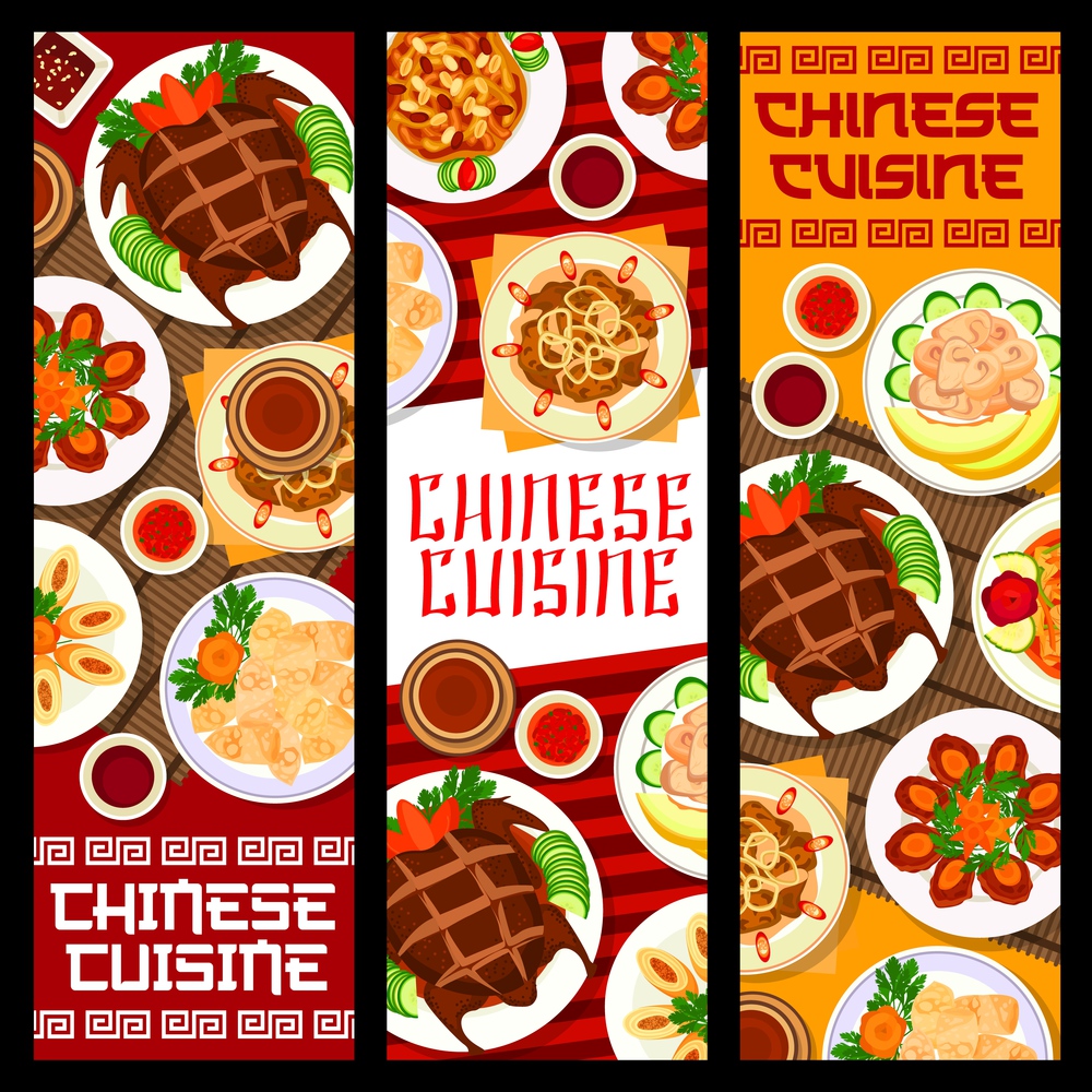 Chinese food banners, Asian cuisine and China restaurant menu covers, vector. Traditional Chinese Peking duck and wonton dumplings, stir fried liver with onion, sweet and sour pork with egg rolls meat. Chinese cuisine banners, Peking duck and dumplings