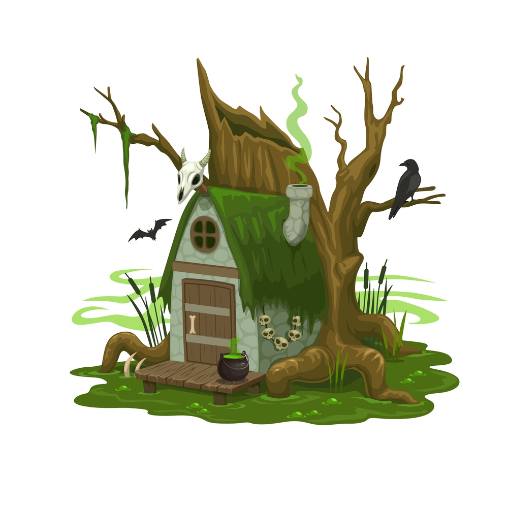 Fairy swamp house or dwelling of wizard or evil. Cartoon vector building on wooden stilts in deep bog, fairytale shack with cauldron at door, skull on roof, steaming pipe. Isolated fantasy faggot home. Fairy swamp house or dwelling of wizard or evil