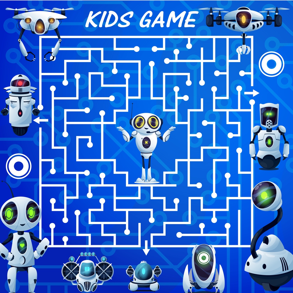 Kids labyrinth maze game, cartoon robots vector boardgame. Find correct way test with ai bots, cyborgs, drones and androids. Worksheet riddle with square field, tangled path and cute droid in center. Kids labyrinth maze game, cartoon robots riddle