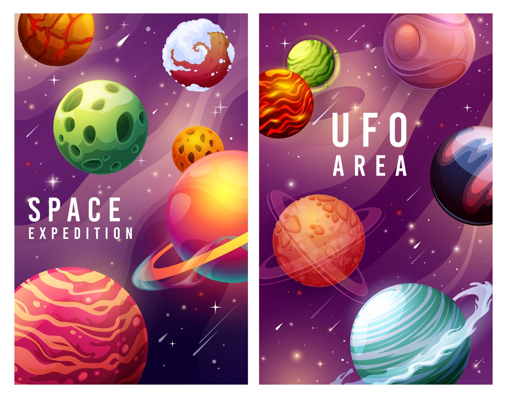Space expedition and ufo area, galaxy planets and stars landscape vector posters. Universe exploration, cosmic adventure in space with alien planets, fantastic interstellar travel cartoon cards design. Space expedition and ufo area galaxy planets