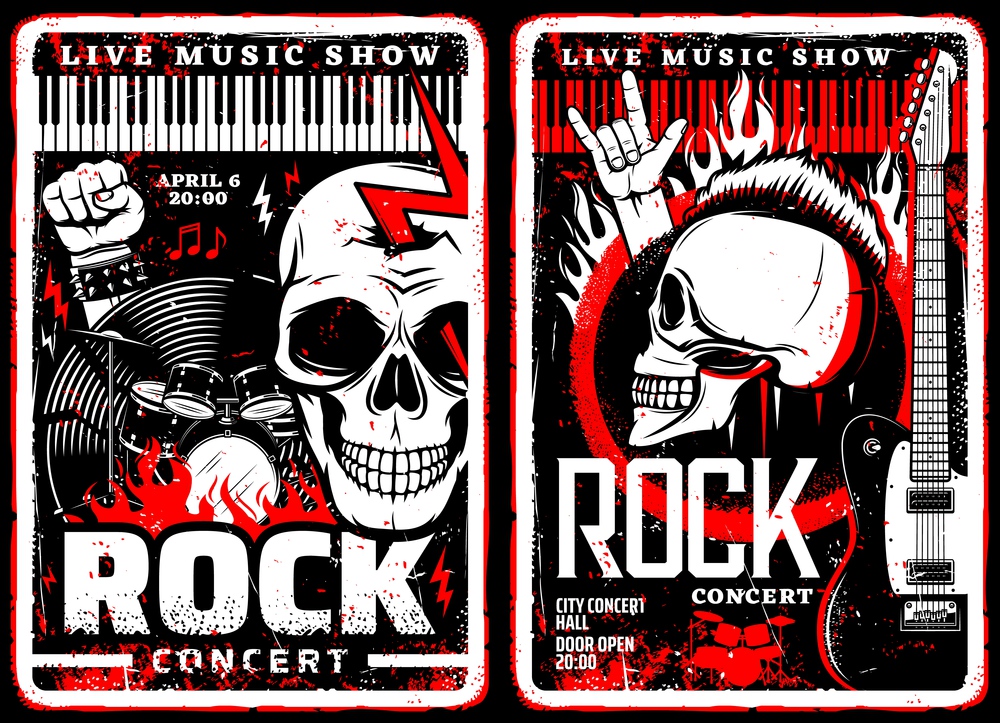 Rock music concert grunge posters of hard rock or heavy metal festival. Vector electric guitars, drum and rocker musician skulls with mohawk and lightning, vinyl record, piano keyboards, musical notes. Rock music concert grunge posters, metal festival