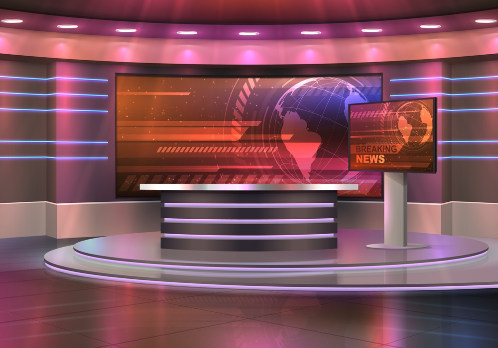 Breaking news television studio realistic vector interior. TV show, news broadcasting room with pedestal or podium, desk and big displays, screens with world globe. Modern media, journalism background. Television breaking news studio interior