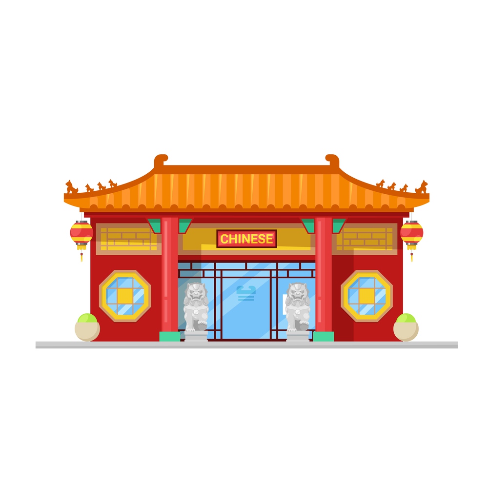 Chinese cuisine restaurant building, vector typical asian architecture facade. National China food cafe house exterior in red and gold colors. Traditional design with lanterns, stone lions at door. Chinese cuisine restaurant building, vector facade