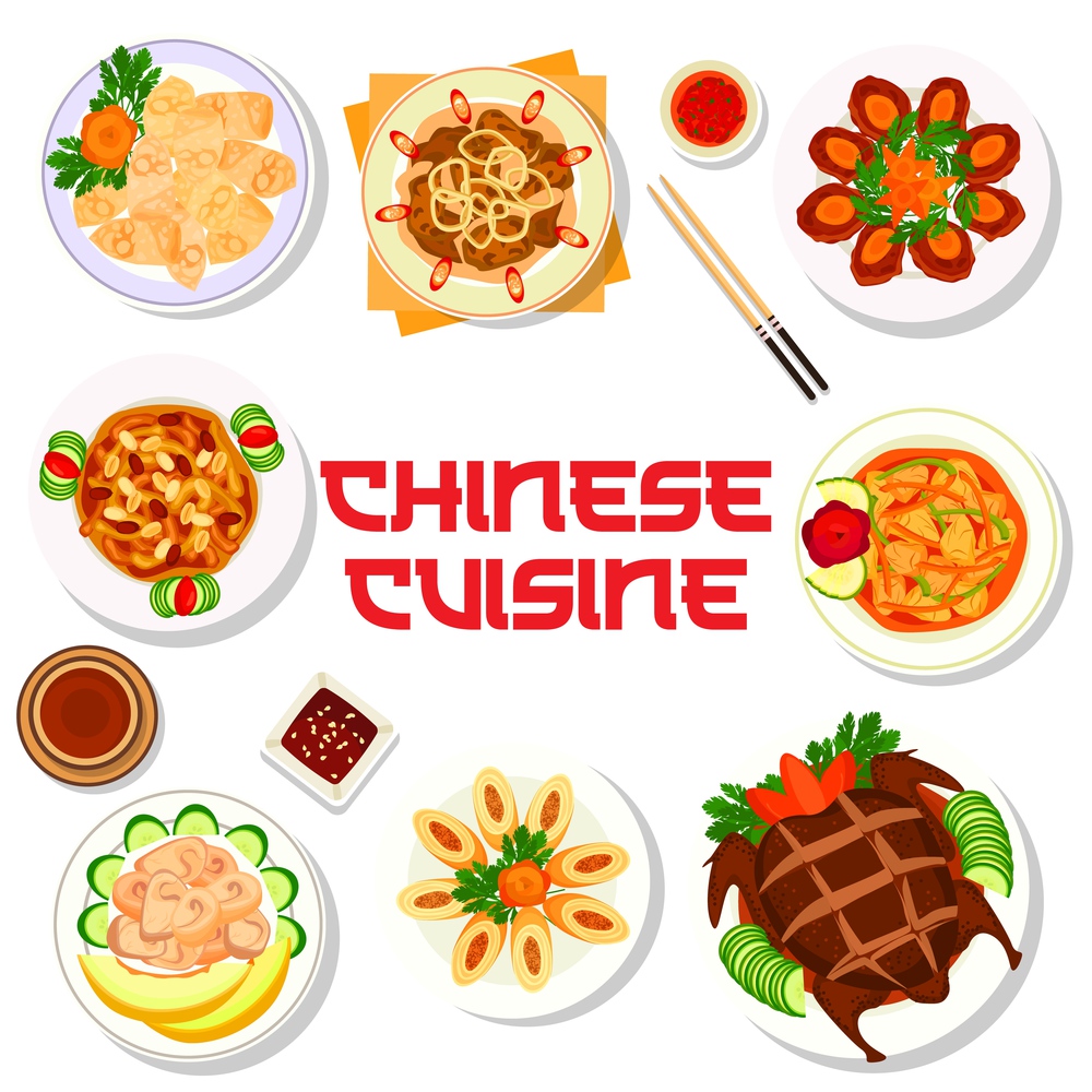 Chinese cuisine food menu with Asian dishes and plates, vector traditional meals. Chinese restaurant food menu cover with Peking duck and wonton dumplings, boiled chicken in melon and stir fried liver. Chinese food dishes, China cuisine menu plates