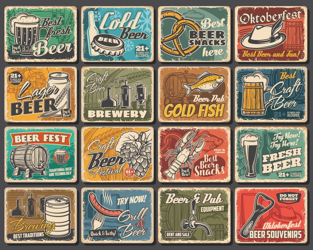 Craft beer festival, brewery and snacks tin signs. Beer brewing and pub equipment grunge vector metal plates, retro signs with tankard, smoked fish, lobster and pretzel, hop, barley and alpine hat. Beer fest, pub and brewery, snacks tin signs set