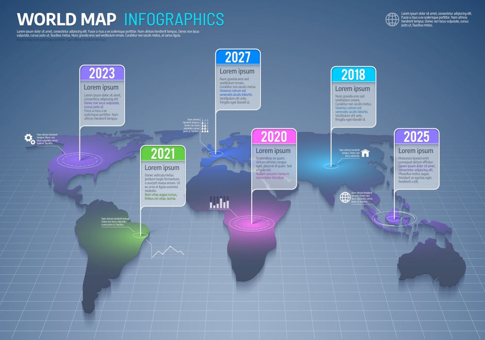 World map infographics, international business and global data vector background. Earth continents with color grades, timeline and information flag tags or marks. World indexes geography infographics. World map infographics, global country data