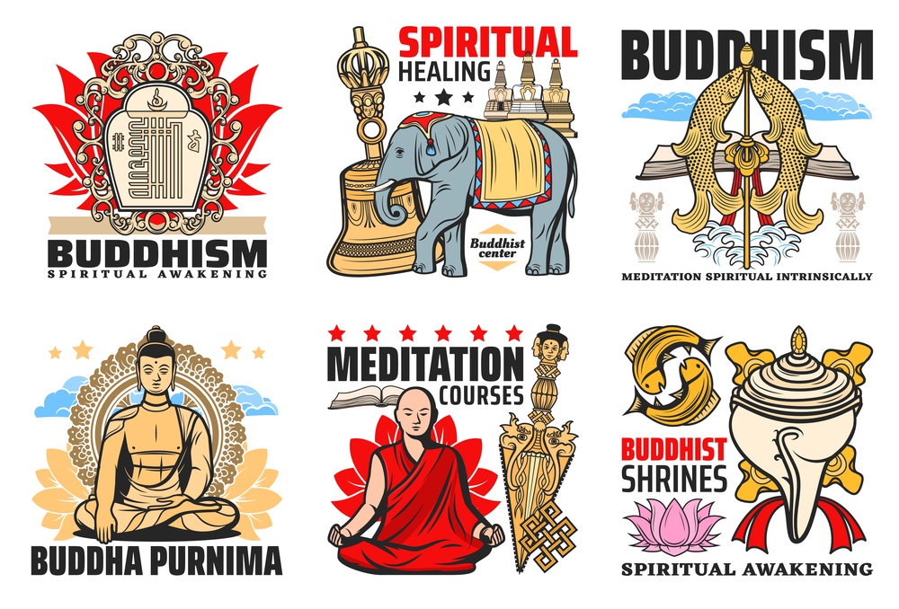 Buddhism religion icons, Buddha Purnima and meditation courses emblems. Kalachakra symbol, elephant and bell, meditating Buddha and Buddhism monk, Kila ritual knife, conch shell and two golden fishes. Buddhism religion icons and symbols