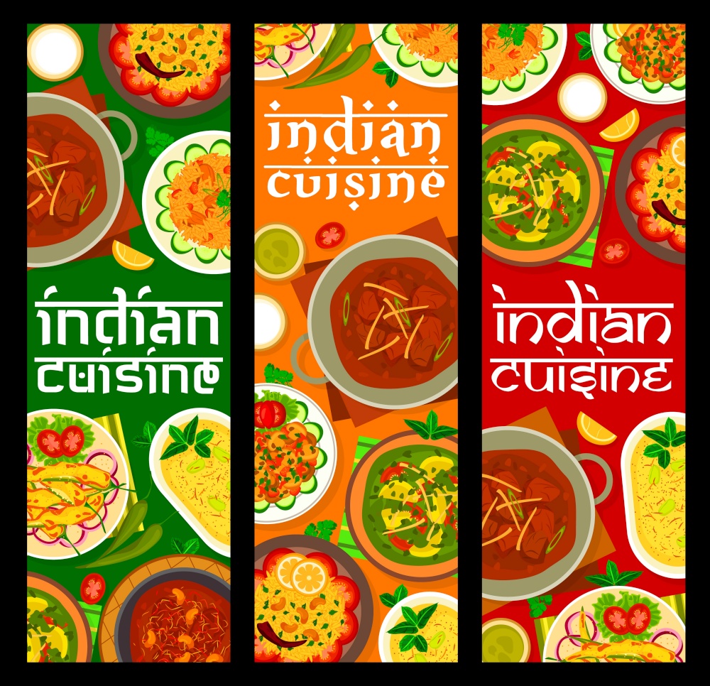 Indian cuisine restaurant food banners. Yogurt dessert Shrikhand, lamb meatballs Gushtaba and chicken with spinach Palak Murgh, lemon rice, lamb curry and mushroom Bhuna, fried peppers Chilli Bajji. Indian cuisine meals and dishes vector banners
