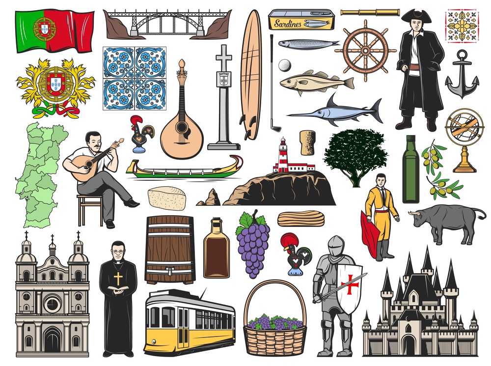Portugal vector icons with isolated Portuguese travel landmarks. Lisbon tram, flag, Porto bridge and castle. Sardine, port wine, fado guitar and map, rooster, azulejo tiles, lighthouse, pasteis tart. Portugal vector icons, Portuguese travel landmarks