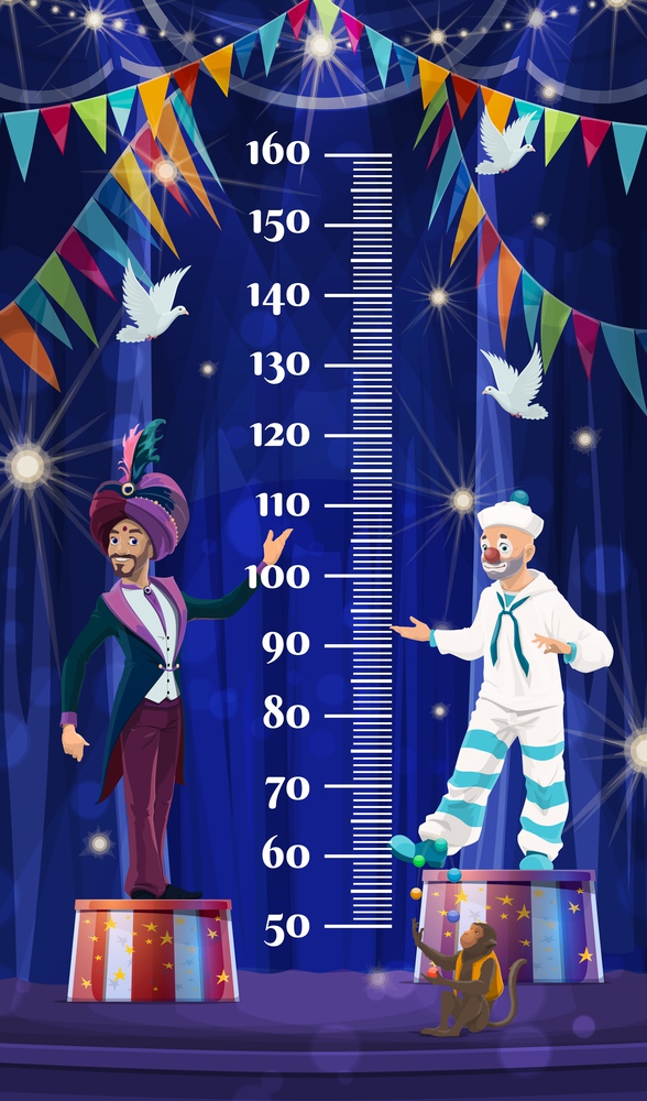 Kids height chart, shapito circus. Growth measure meter with cartoon big top tent arena with artists ape juggler, clown sailor and magician. Vector wall ruler with scale for baby height measurement. Kids height chart, shapito circus. Growth measure