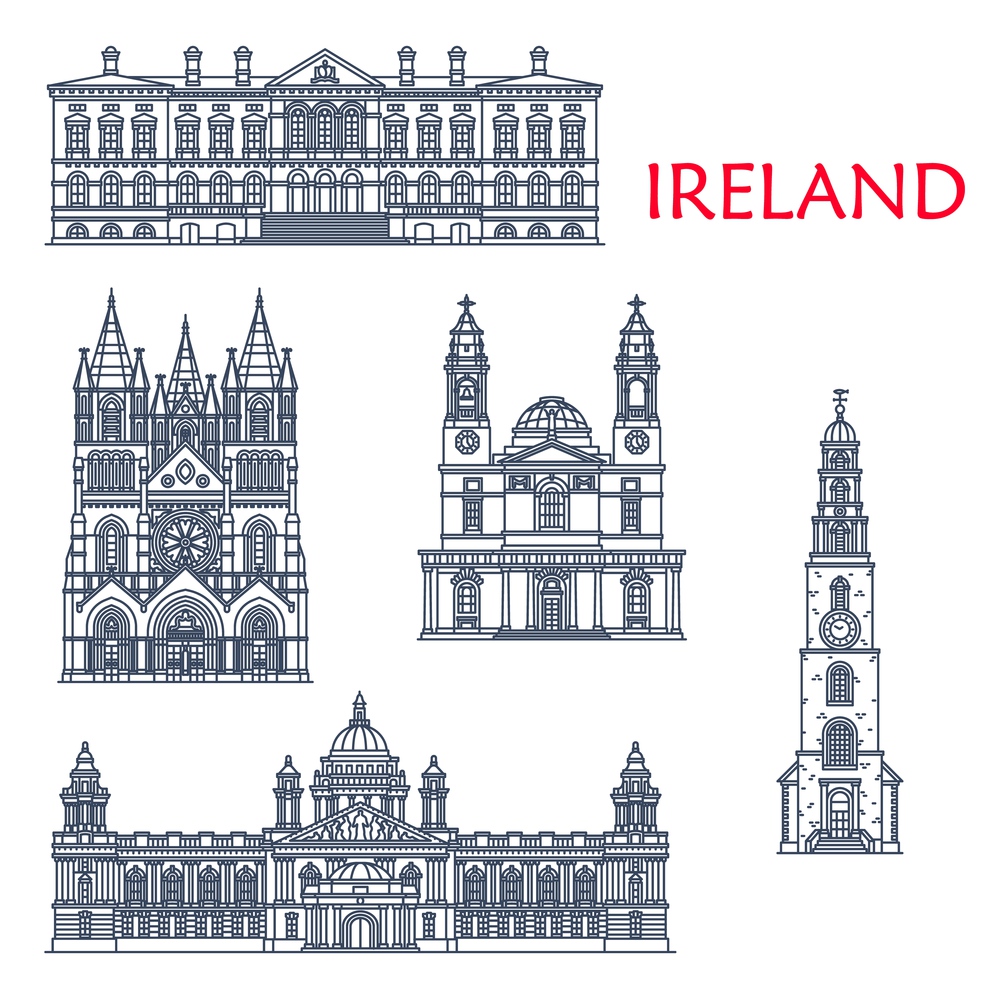 Ireland landmarks, architecture buildings of Belfast and cork city, vector icons. Irish historic and ancient sightseeing landmarks St Anne Church, City Hall, Custom House and Saint Fin Barre Cathedral. Ireland landmarks, Belfast architecture, churches