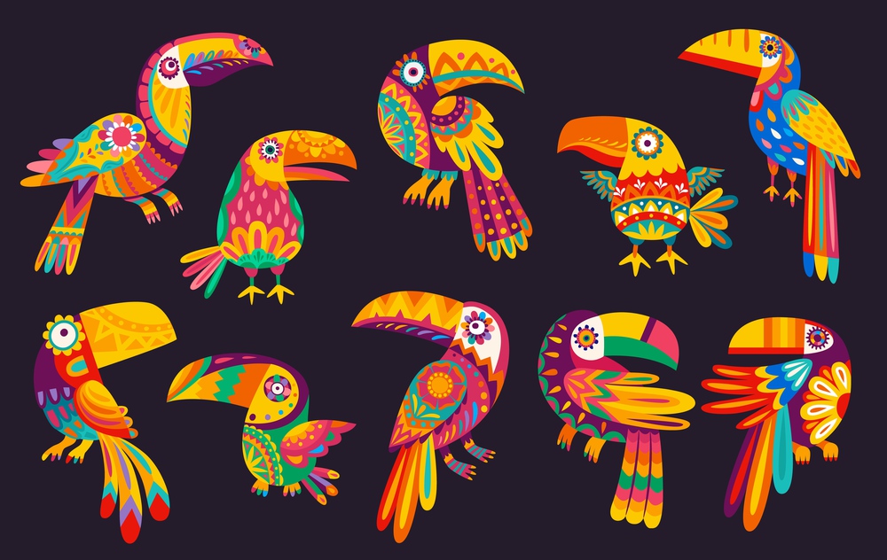 Cartoon Mexican toucan birds vector design with traditional animals of Mexico. Exotic tropical jungle toucan or toucanet birds, beaks, tails and feathers with colorful ethnic floral ornaments. Cartoon Mexican toucan birds, traditional animals