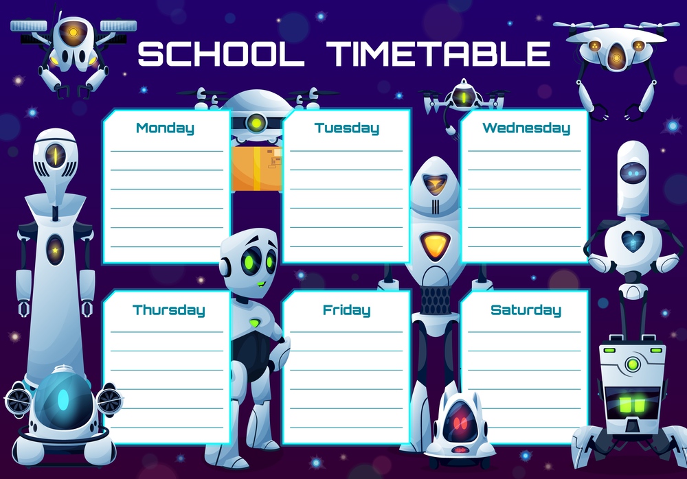 Humanoid robots and androids school timetable vector template. Weekly planner frame design with artificial intelligence cyborgs. Educational cartoon schedule, kids time table for lessons with ai bots. Humanoid robots and androids school timetable