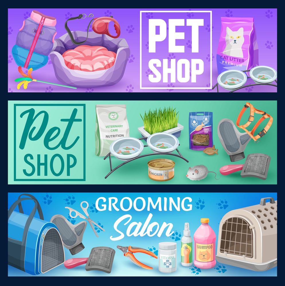 Cat pet animal care vector banners with pet shop supplies and grooming salon accessories. Cat or kitten food, bed, toys and bowls, brush, shampoo, carrier and leash, litter, nail cutter and scissors. Cat pet care banners. Pet shop supplies
