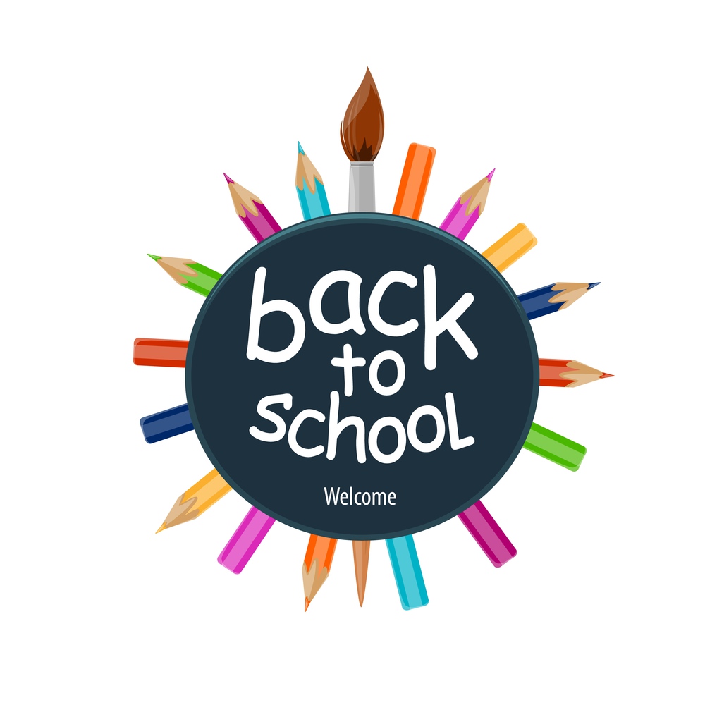 Back to school icon with pencils and paint brush. Isolated vector circle of colored pencils and paintbrush, painting supplies and office stationery for education and welcome back to school concept. Back to school icon with pencils and paint brush