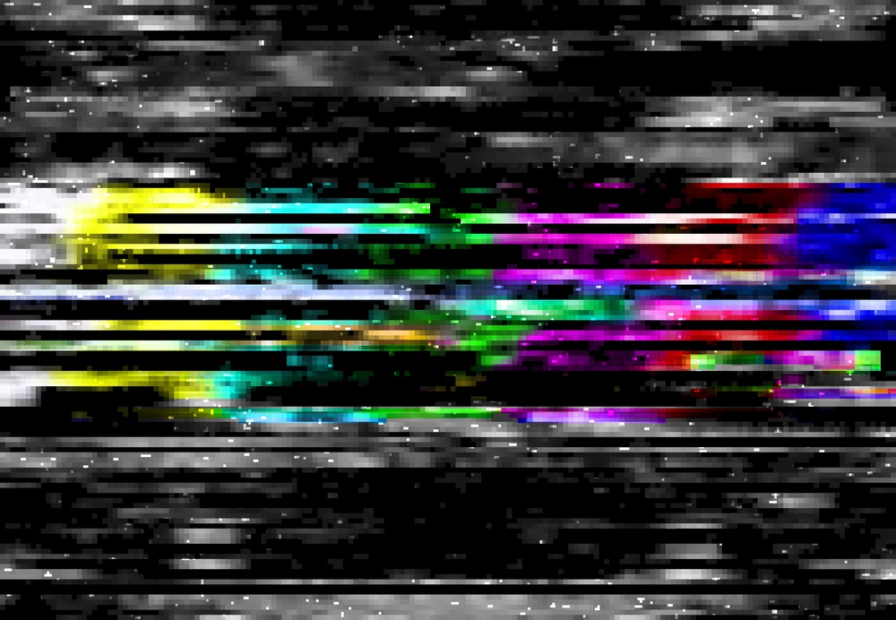 Glitch digital color distortion, lines and pixel noise. Vector VHS background of rewind effect, tv signal error, television and video crash patterns, glitch texture abstract backdrop design. Glitch digital color distortion, line, pixel noise