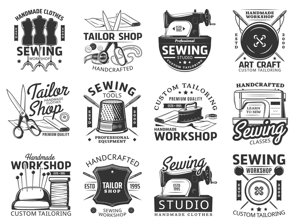 Sewing and tailor icons, vector emblems. Custom tailoring service and tools thimble, mannequin with scissors and vintage iron. Handmade workshop, fashion studio, dressmaker atelier retro labels set. Sewing and tailor icons, vector retro emblems set