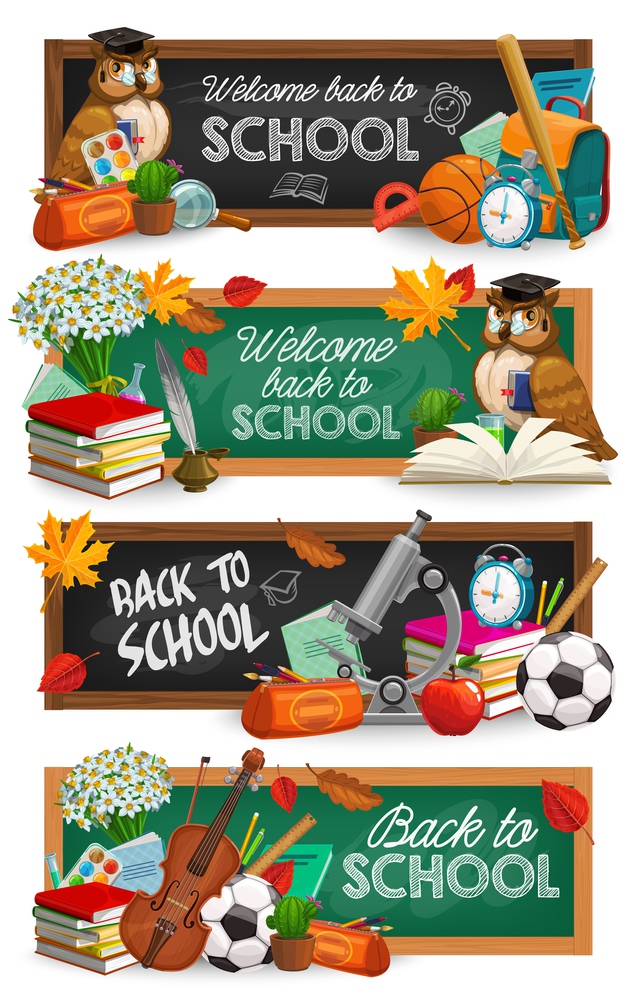 Back to school education chalkboard banners. Cartoon vector owl bird in cap, book and schoolbag, alarm clock, flowers bouquet and watercolor paints, sport balls, baseball bat and violin, pencil case. Back to school education banner with owl and books