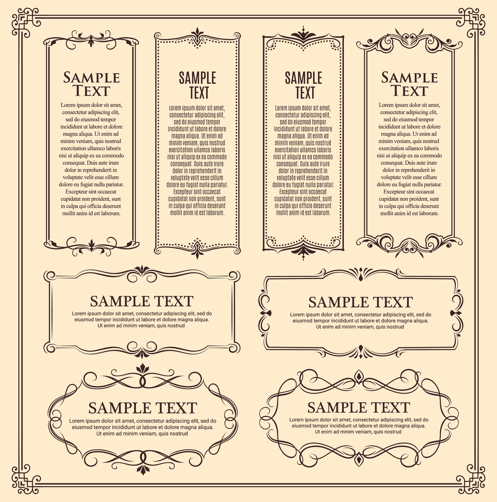 Vintage frame, retro border with ornaments. Banner template with vector victorian decoration dividers, floral patterns and curly lines. Greeting card, wedding invitation or certificate design elements. Retro frames, banners with vintage decor borders