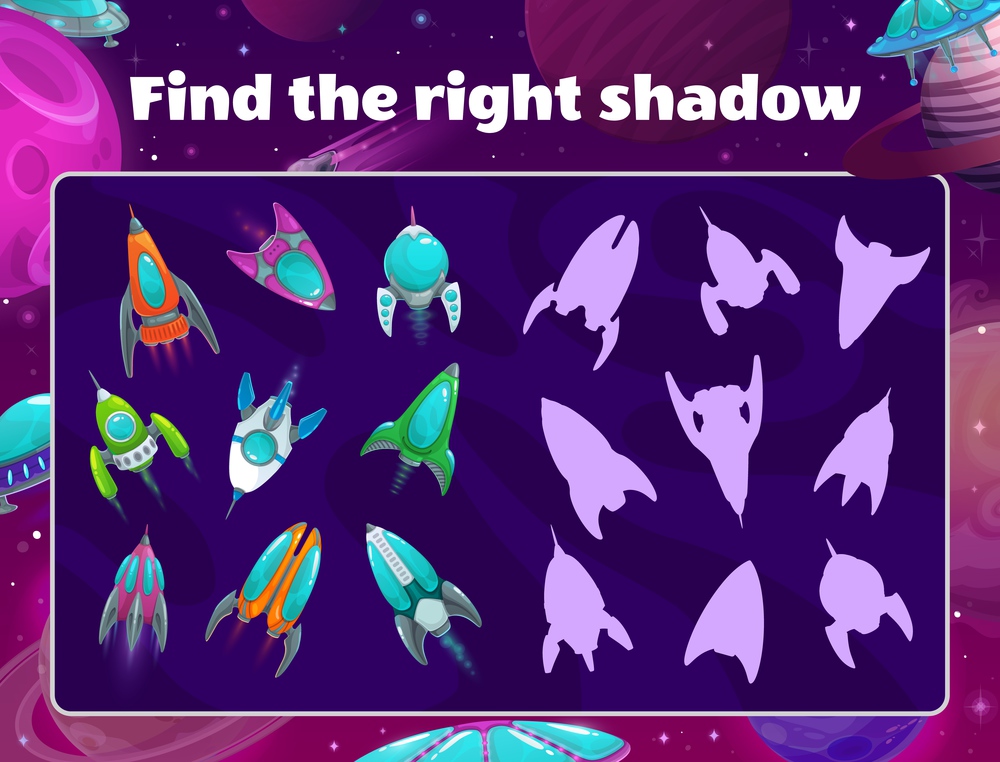 Shadow game with spaceships in space. Vector kids riddle find correct rocket silhouettes, children logic task with space ships in galaxy, educational puzzle. Cartoon mind development test worksheet. Shadow game with spaceships in space, kids riddle