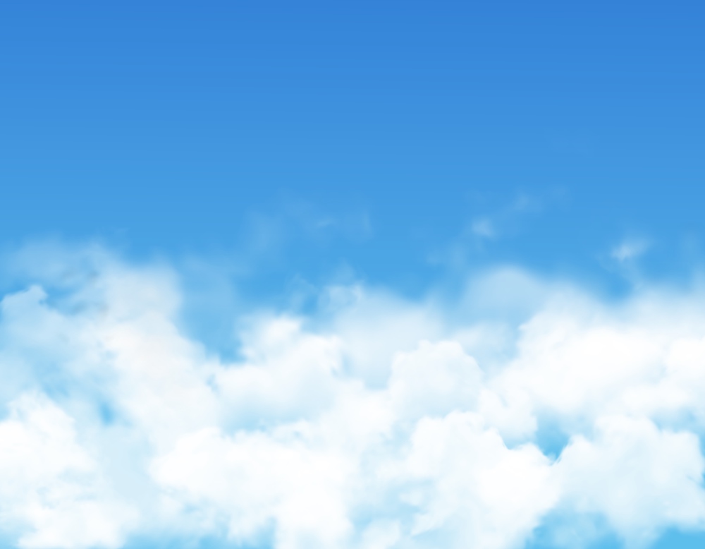 Sky clouds or fog vector design of blue heaven with realistic white mist, steam or fluffy cumulus clouds. Cloudy sky background or sunny weather cloudscape of climate, environment and nature themes. Sky clouds, fog on blue heaven, realistic cumulus