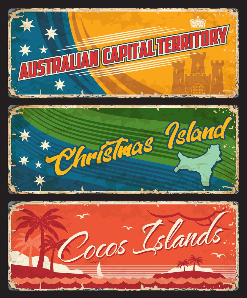 Australian Capital Territory, Christmas and Cocos Islands Territories, Australia states vintage plates. Vector grunge signs with flag and map, tropical coral islands with coconut trees and waves. Capital Territory, Christmas and Cocos Islands