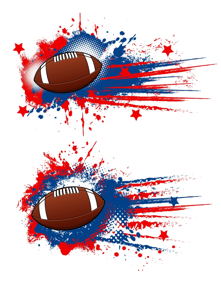 American football balls grunge sport design. Brown leather balls with white lace, american football game quarterback player equipment on blue red background with halftone pattern and paint splashes. American football balls grunge sport equipment