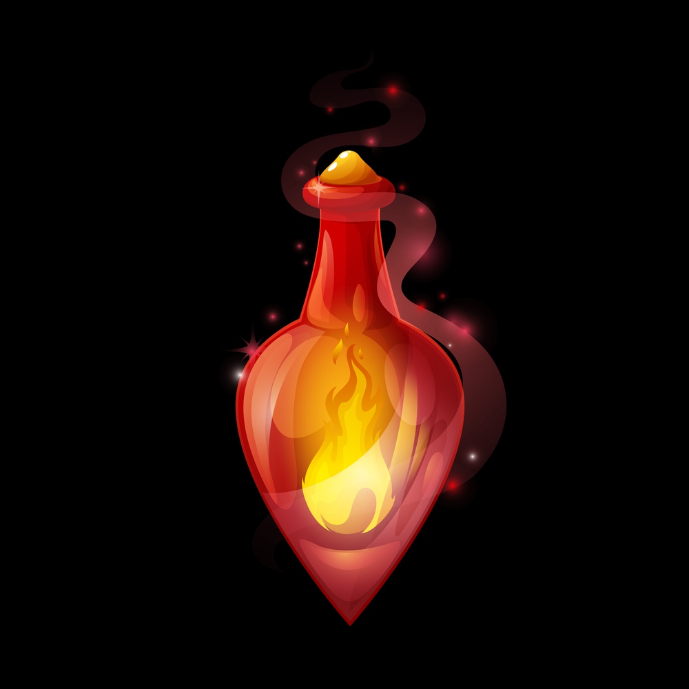 Crystal potion bottle with fire, vector glass flask with orange flames and sparkles. Magic elixir with blaze and bung. Cartoon ui design element for magic game, witch poison, isolated alchemy object. Crystal potion bottle with fire vector glass flask