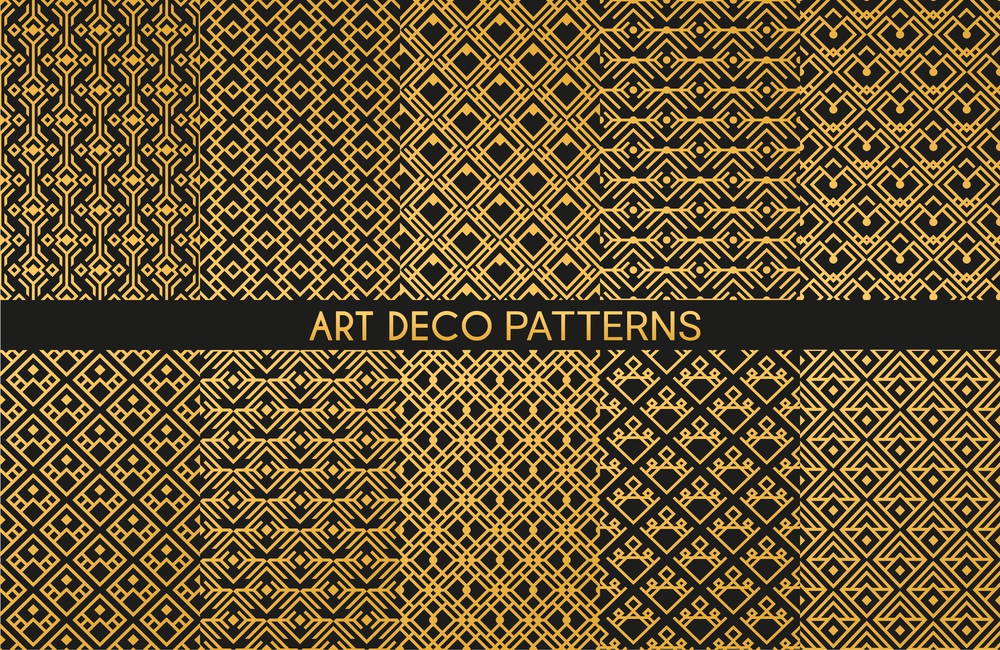 Art deco golden ornaments seamless patterns. Abstract geometric vector decor with diamond shape tiles, fabric print templates with luxury beige rhombus grid and gradients on black background. Art deco golden geometric seamless patterns