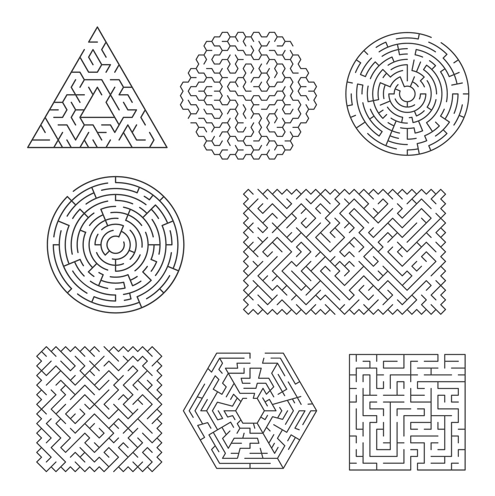 Labyrinth maze riddle, finding path and exit searching logical game. Triangular, circle and square, pentagon, rectangular shape maze, puzzle or activity vector template with line various patterns. Labyrinth maze riddle with line patterns