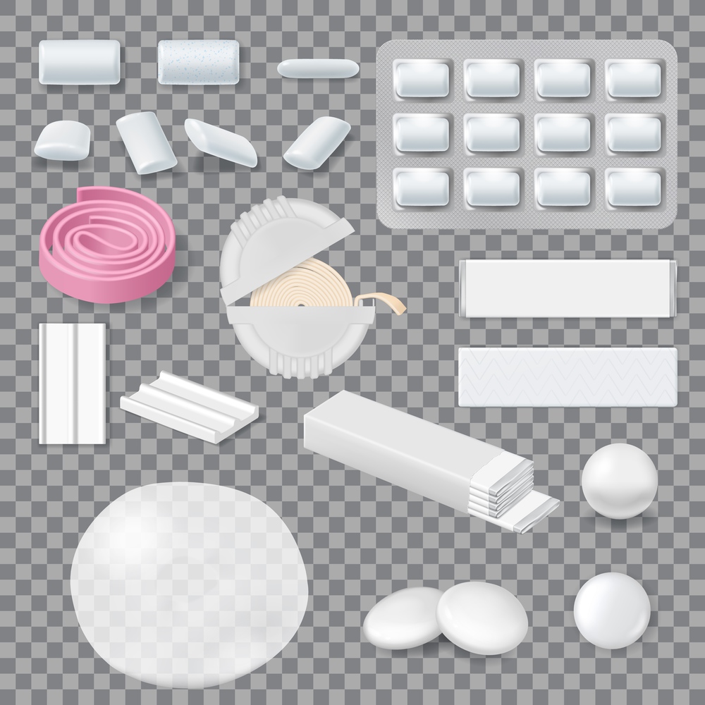 Chewing gum mockups, stripes, tablets in blister pack and roll in container. Realistic vector bubble gum sticks, ball and white chewing gum slab, inflated bubble, coated dragee. Chewing gum tablets, stripes and roll pack mockup