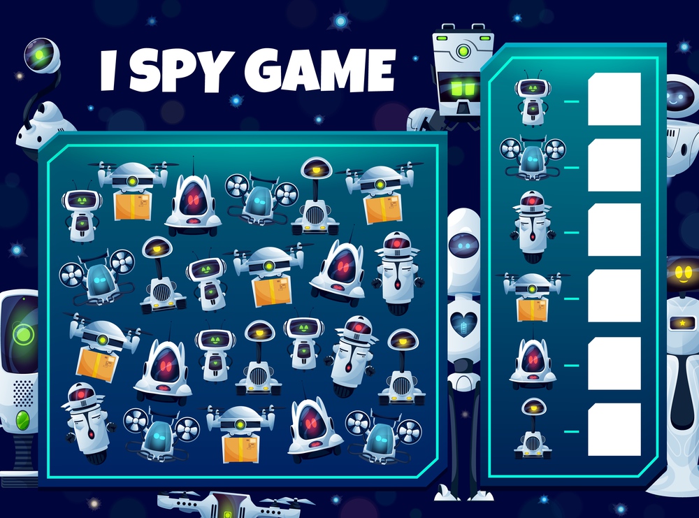 Kids I spy game with robots, vector educational puzzle with cyborgs, androids and drones characters. Development of numeracy skills and attention, cartoon riddle page. Math worksheet for children. Kids I spy game with robots, educational puzzle