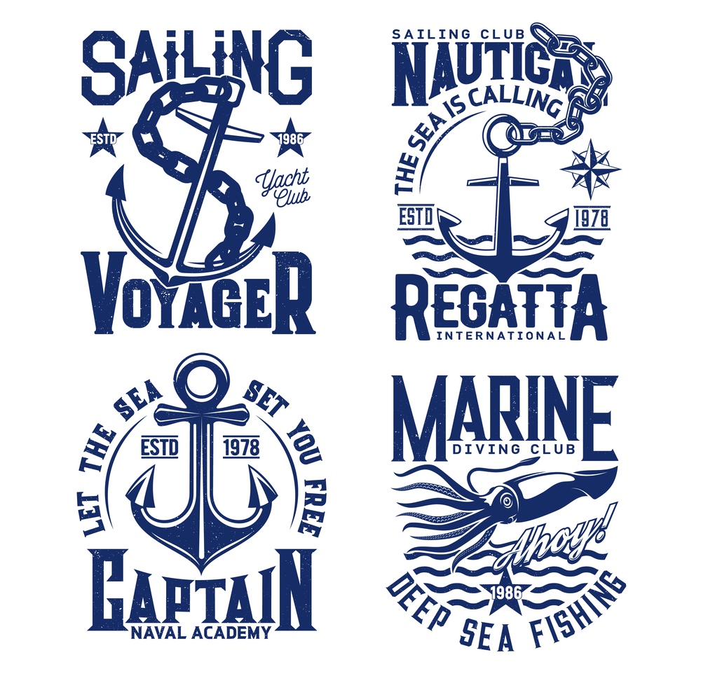 Anchor, nautical sailing t shirt prints with sea waves, yacht club and ocean fishing vector icons. Ship anchor on chain, marine regatta emblem of squid and Ahoy quote, captain academy and voyager sail. Anchor, nautical sailing t shirt prints, sea waves