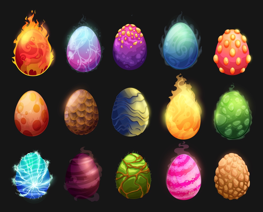 Cartoon dinosaur eggs vector set. Dragon eggs with colorful textured shell burning fire, pimpled, glowing scales and power energy lightnings or spiral pattern. Magic ui game isolated graphic objects. Cartoon dinosaur eggs vector set. Dragon eggs