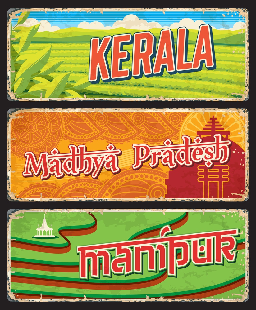 Kerala, Madhya Pradesh and Manipur states of India vector vintage plates. Indian tea plantation of Munnar hills, rice terraces nature landscape and great stupa of Sanchi grunge signs and stickers. Kerala, Madhya Pradesh and Manipur states of India