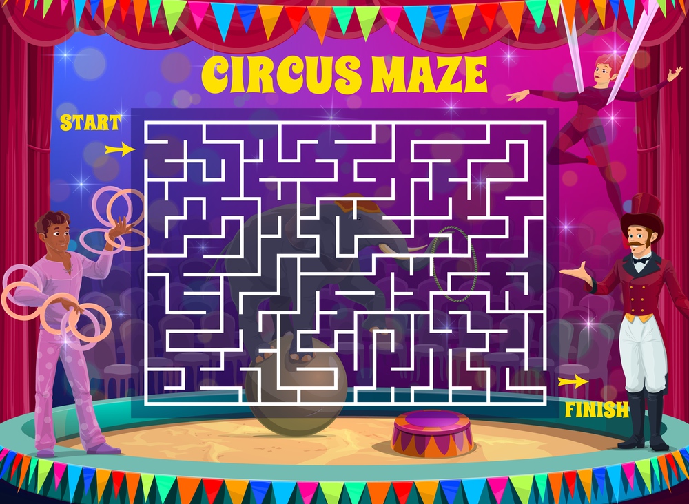 Labyrinth maze game on shapito circus vector background. Kids education square maze puzzle, logic riddle or test with find right way from start to finish task, circus acrobats and elephant on stage. Labyrinth maze game on shapito circus background