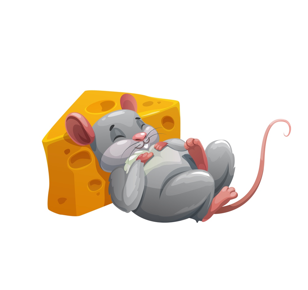 Mouse sleeping on cheese cartoon character. Vector rat animal leaning against yellow wedge of Swiss cheese with big eyes or holes, cute little grey mouse resting after eating. Mouse sleeping on cheese. Cartoon character